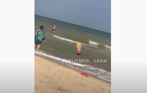 Бабушка выгуливала внука на поводке